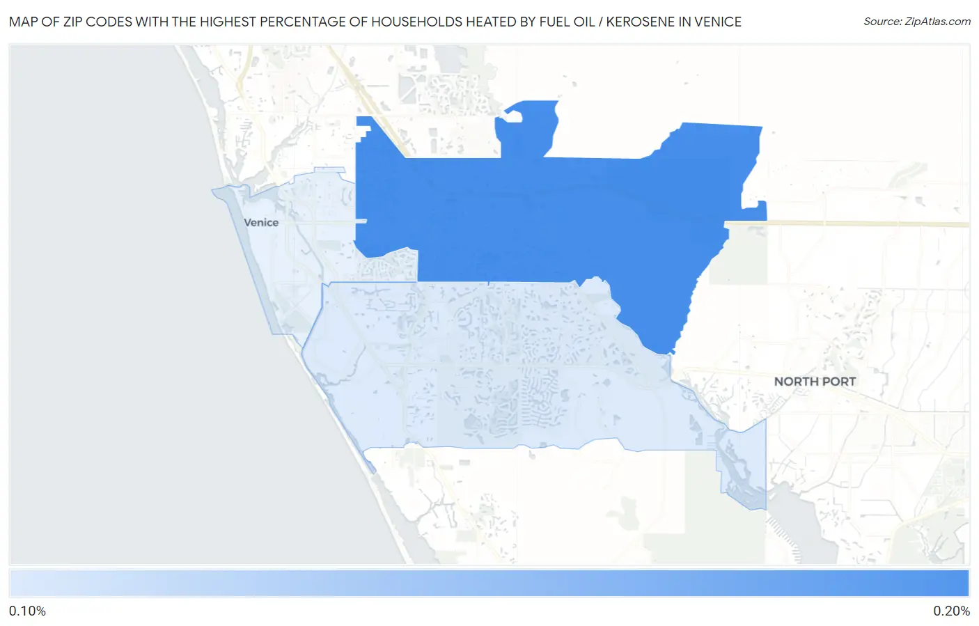 Zip Codes with the Highest Percentage of Households Heated by Fuel Oil / Kerosene in Venice Map