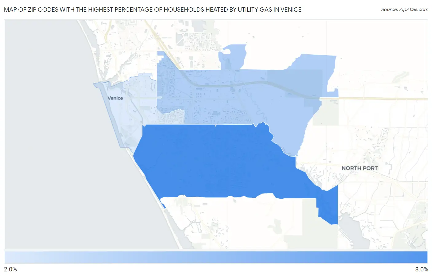 Zip Codes with the Highest Percentage of Households Heated by Utility Gas in Venice Map