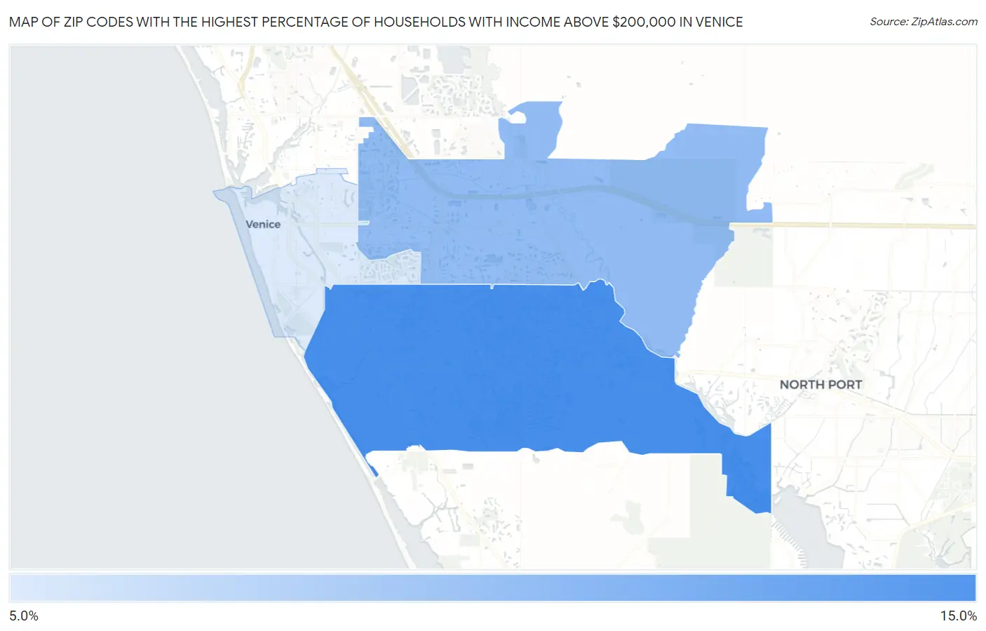 Zip Codes with the Highest Percentage of Households with Income Above $200,000 in Venice Map