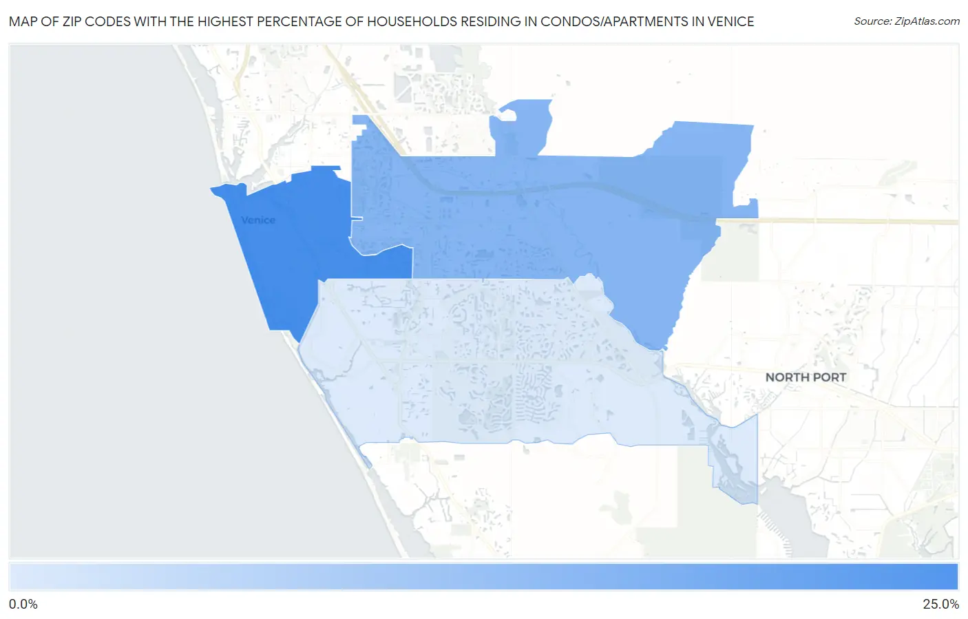 Zip Codes with the Highest Percentage of Households Residing in Condos/Apartments in Venice Map