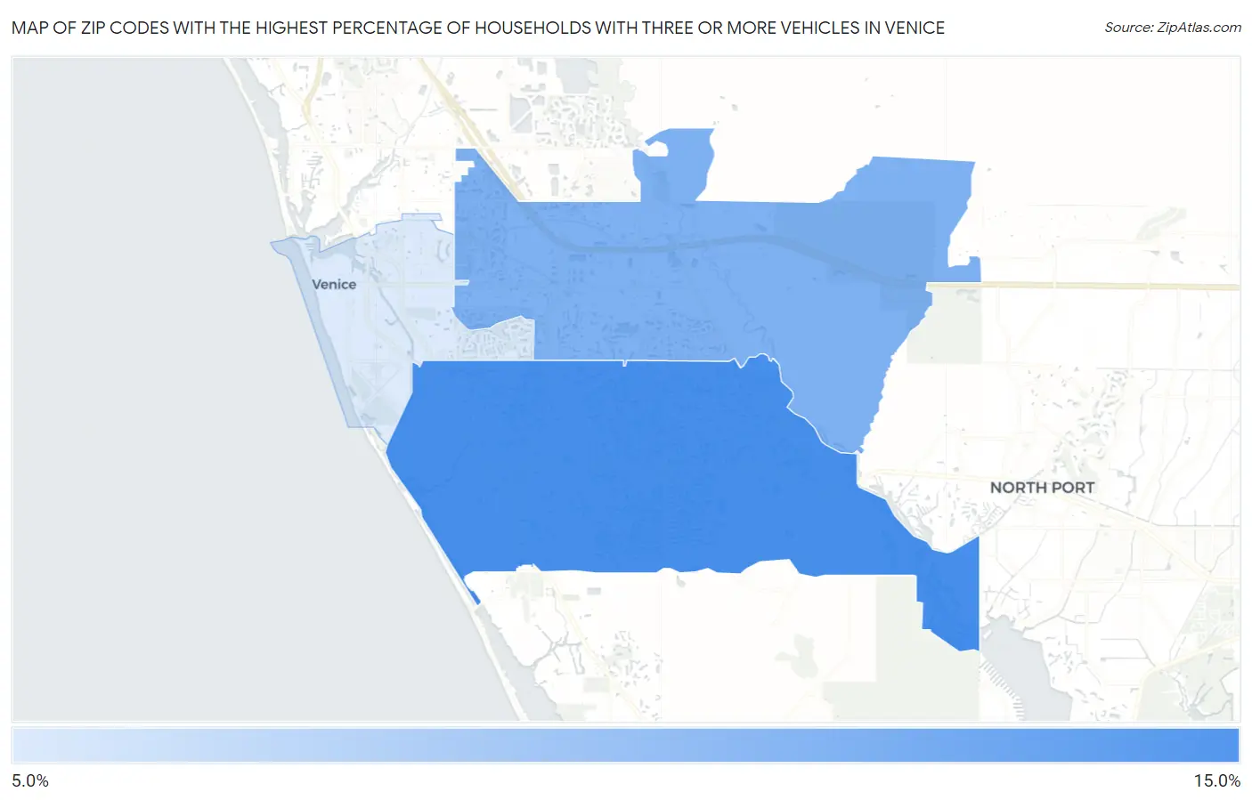 Zip Codes with the Highest Percentage of Households With Three or more Vehicles in Venice Map