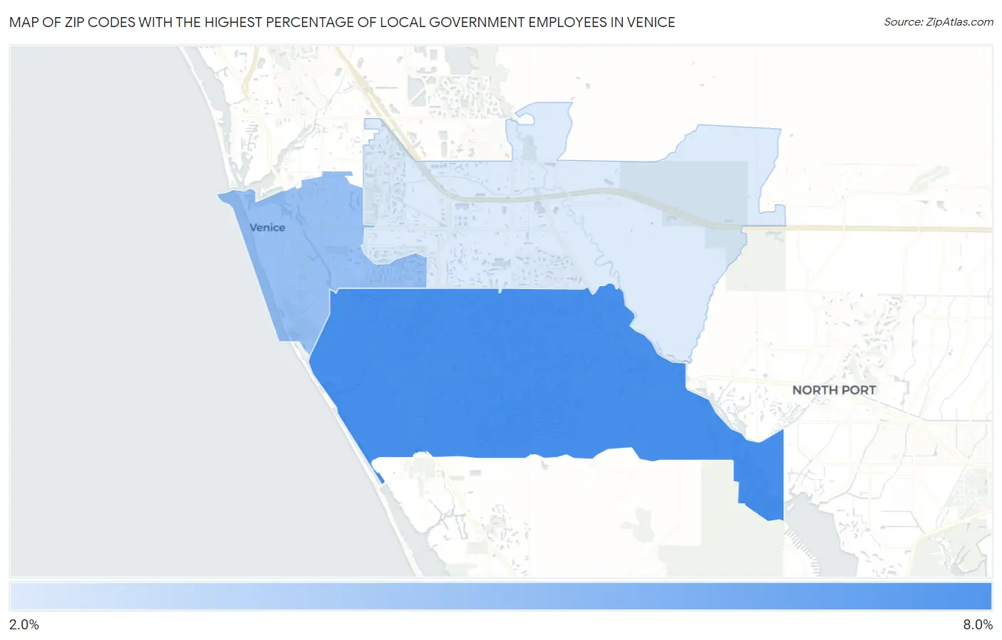 Zip Codes with the Highest Percentage of Local Government Employees in Venice Map