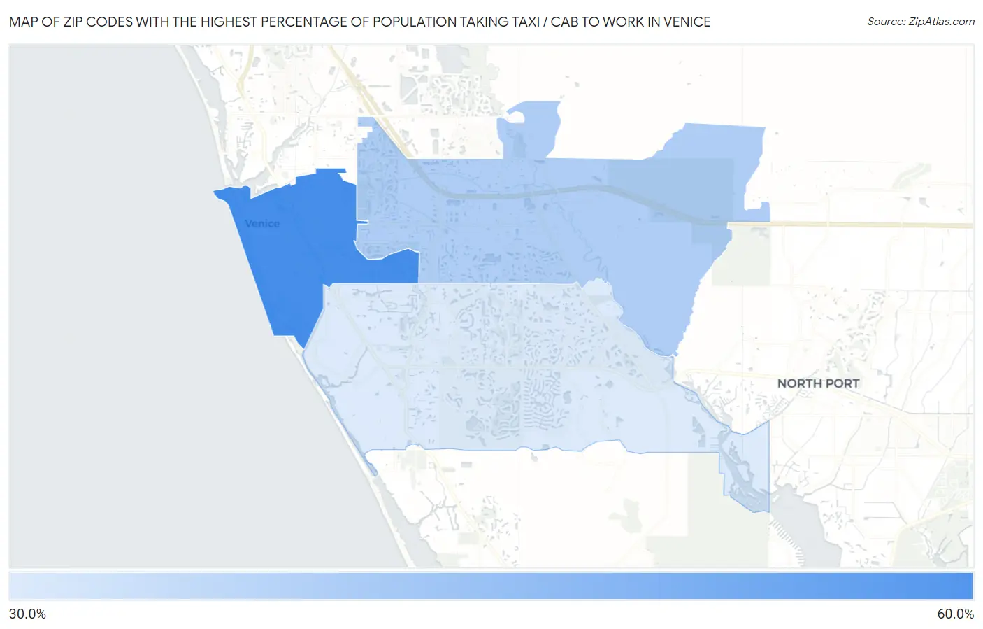 Zip Codes with the Highest Percentage of Population Taking Taxi / Cab to Work in Venice Map