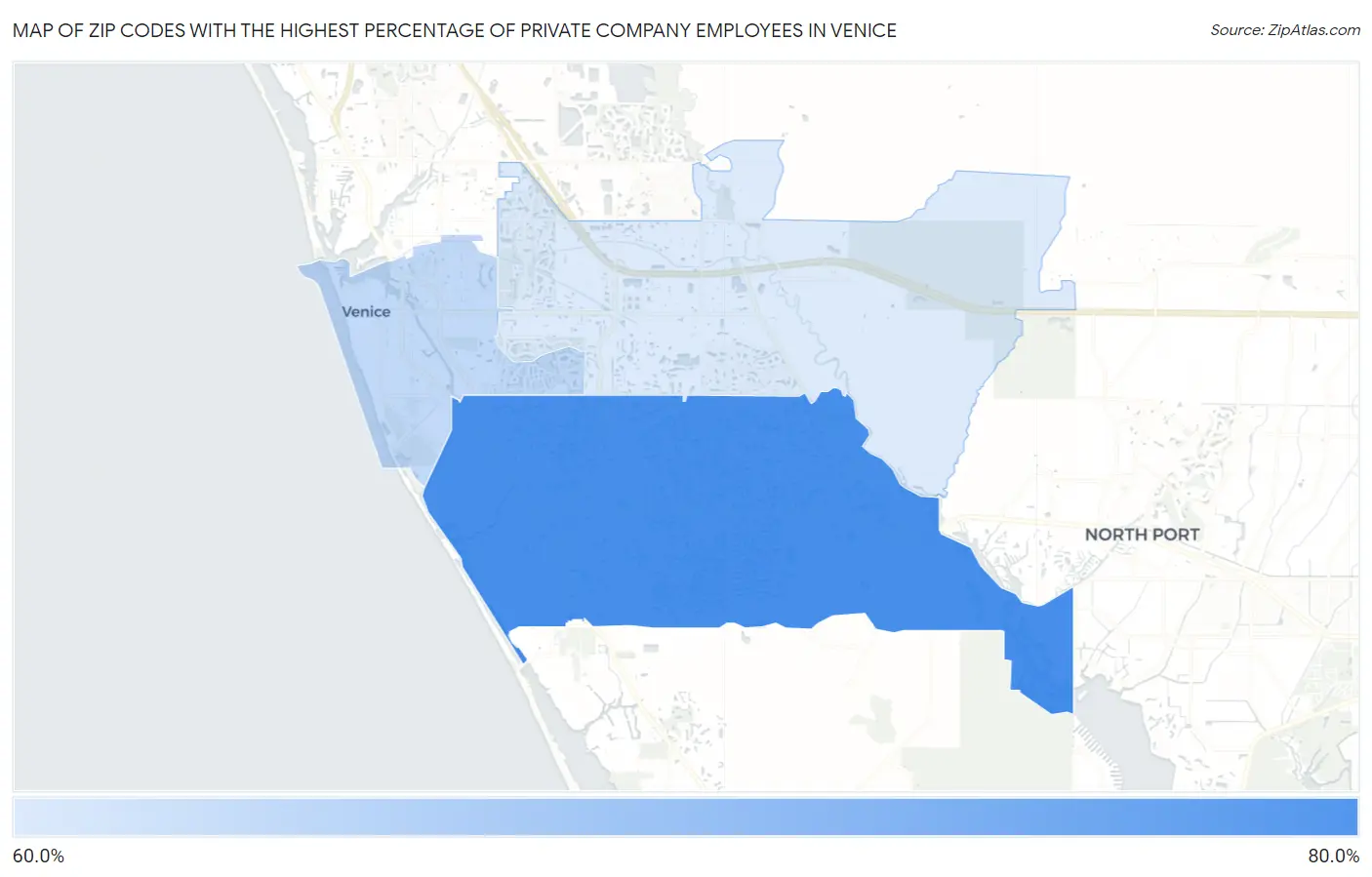 Zip Codes with the Highest Percentage of Private Company Employees in Venice Map