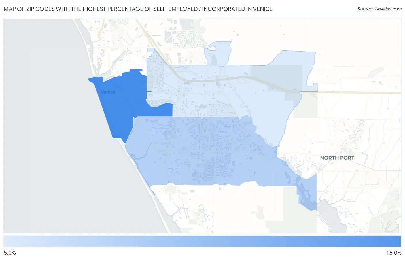 Zip Codes with the Highest Percentage of Self-Employed / Incorporated in Venice Map