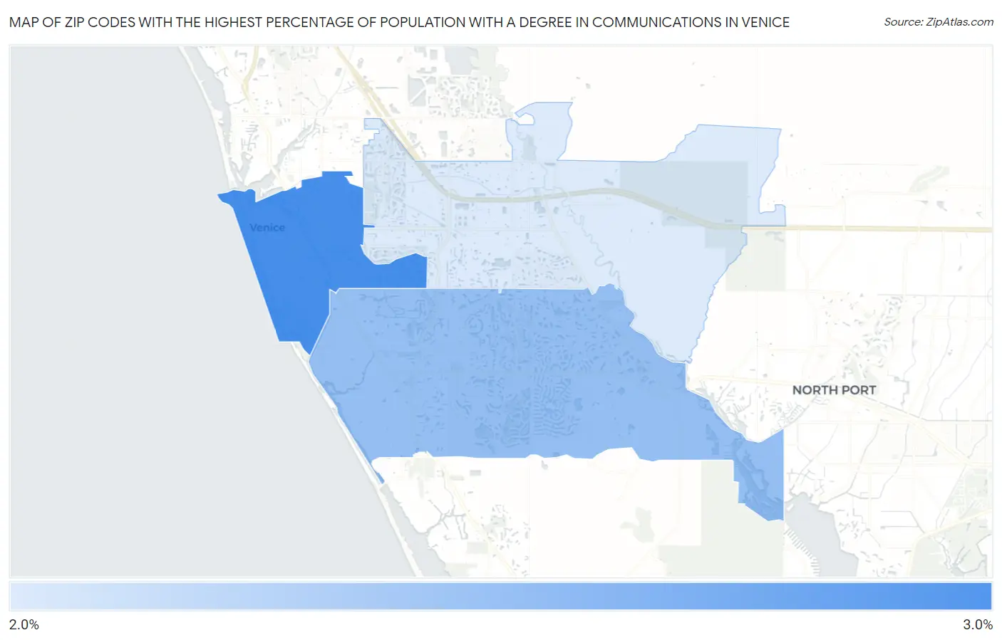 Zip Codes with the Highest Percentage of Population with a Degree in Communications in Venice Map