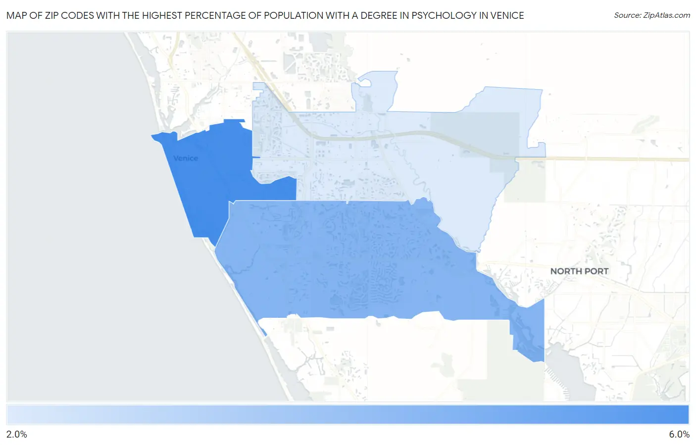 Zip Codes with the Highest Percentage of Population with a Degree in Psychology in Venice Map