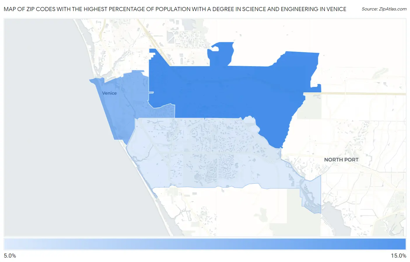 Zip Codes with the Highest Percentage of Population with a Degree in Science and Engineering in Venice Map