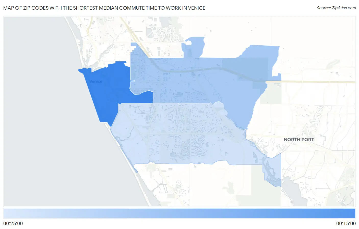 Zip Codes with the Shortest Median Commute Time to Work in Venice Map