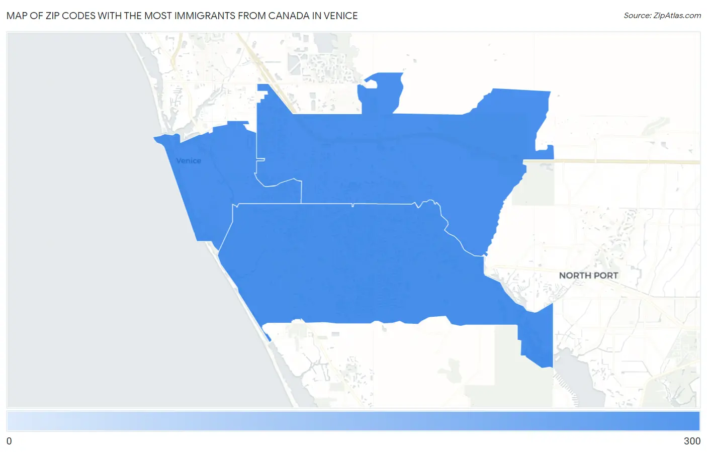 Zip Codes with the Most Immigrants from Canada in Venice Map