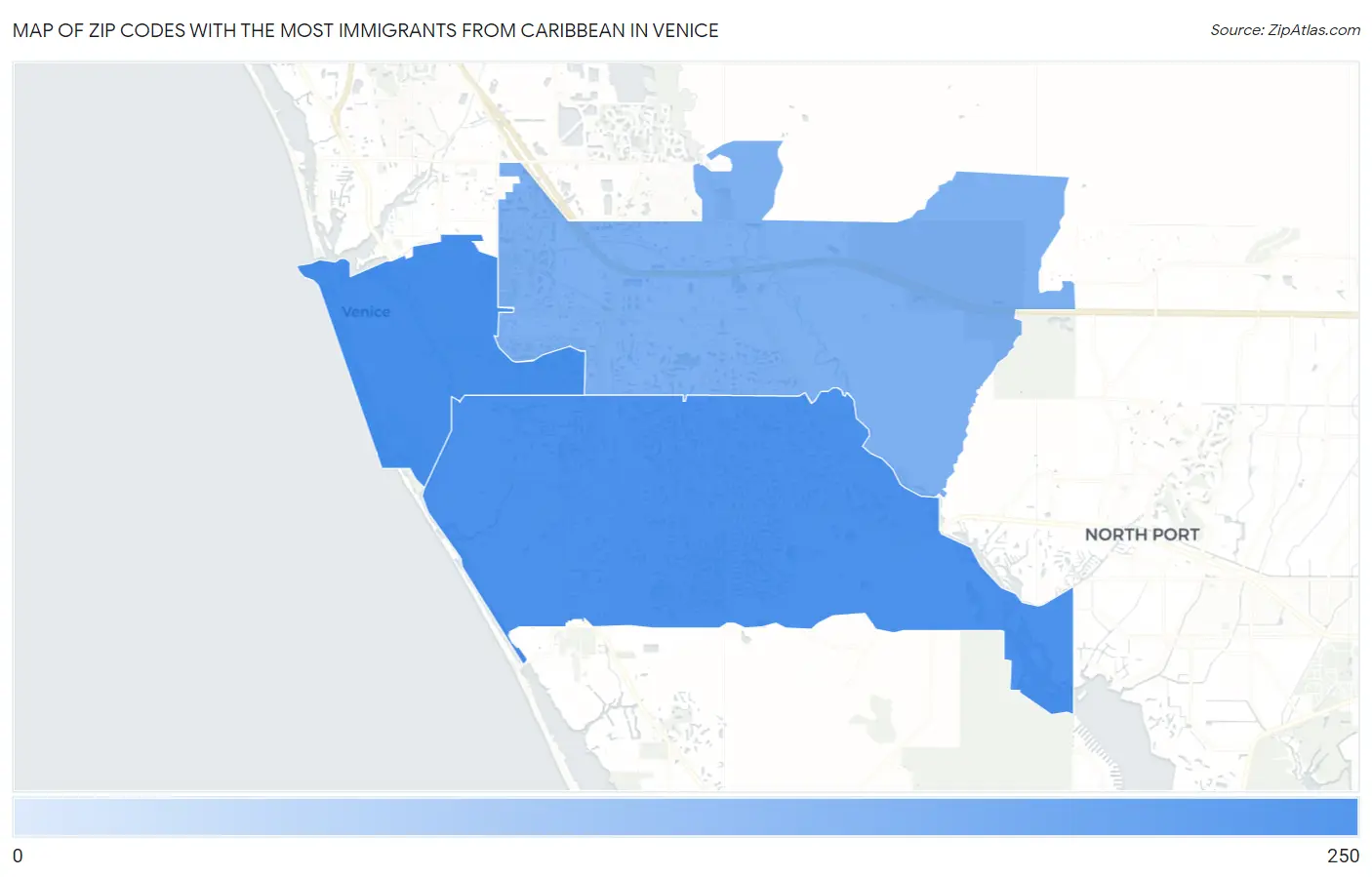 Zip Codes with the Most Immigrants from Caribbean in Venice Map