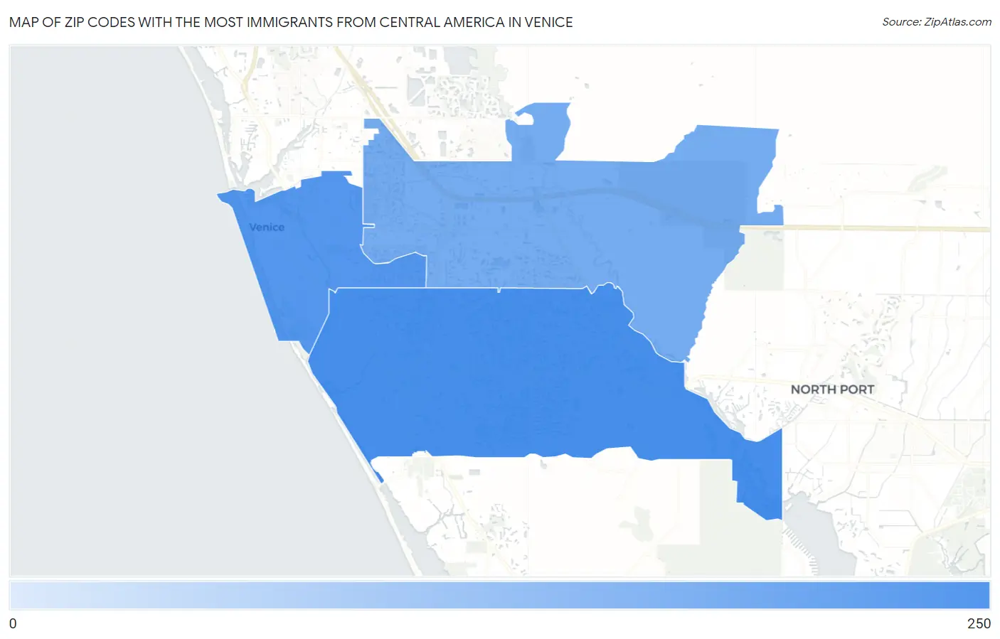 Zip Codes with the Most Immigrants from Central America in Venice Map