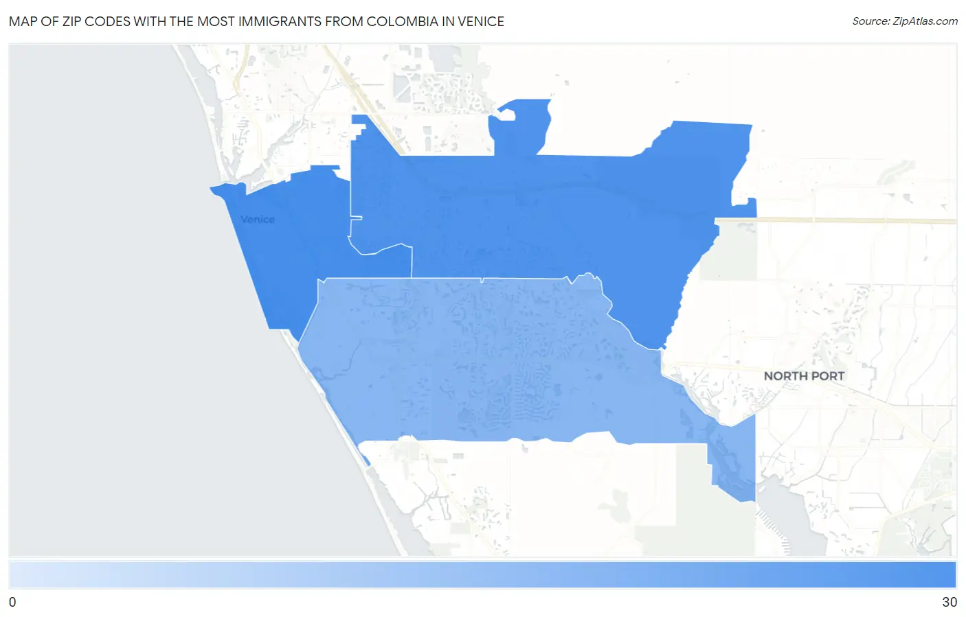 Zip Codes with the Most Immigrants from Colombia in Venice Map