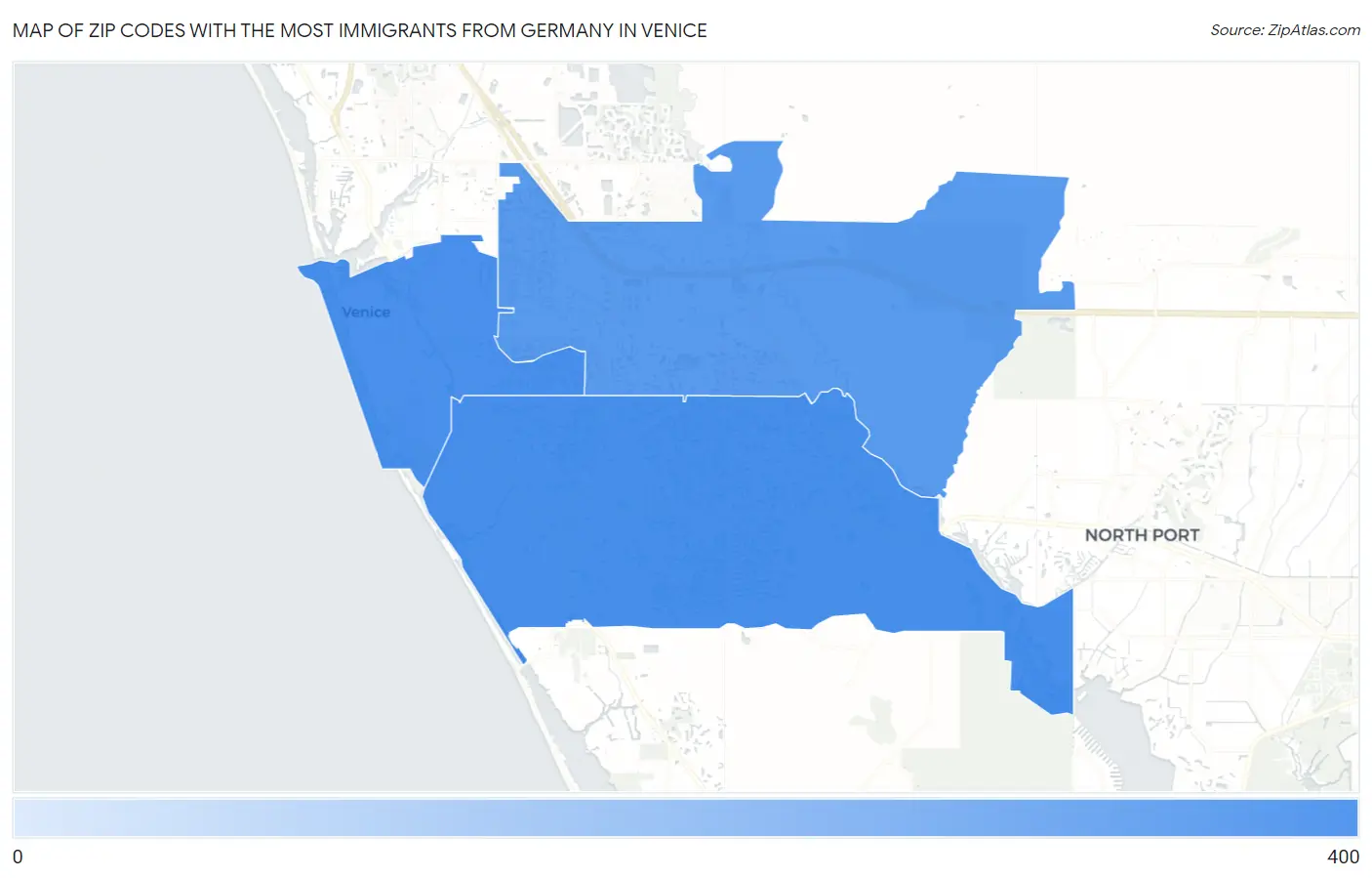 Zip Codes with the Most Immigrants from Germany in Venice Map