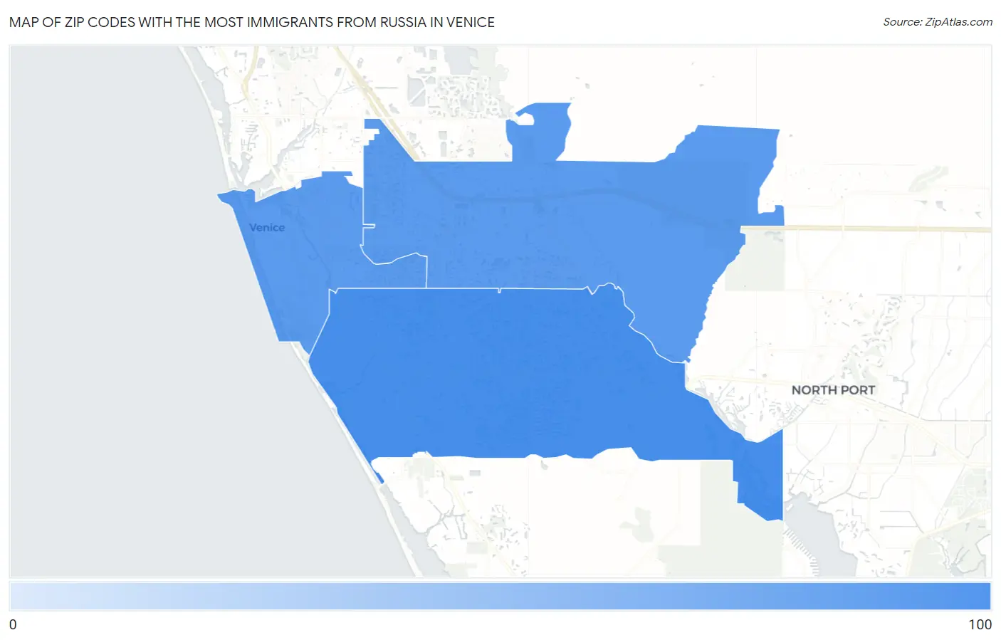 Zip Codes with the Most Immigrants from Russia in Venice Map