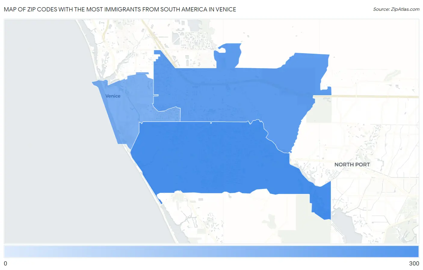 Zip Codes with the Most Immigrants from South America in Venice Map