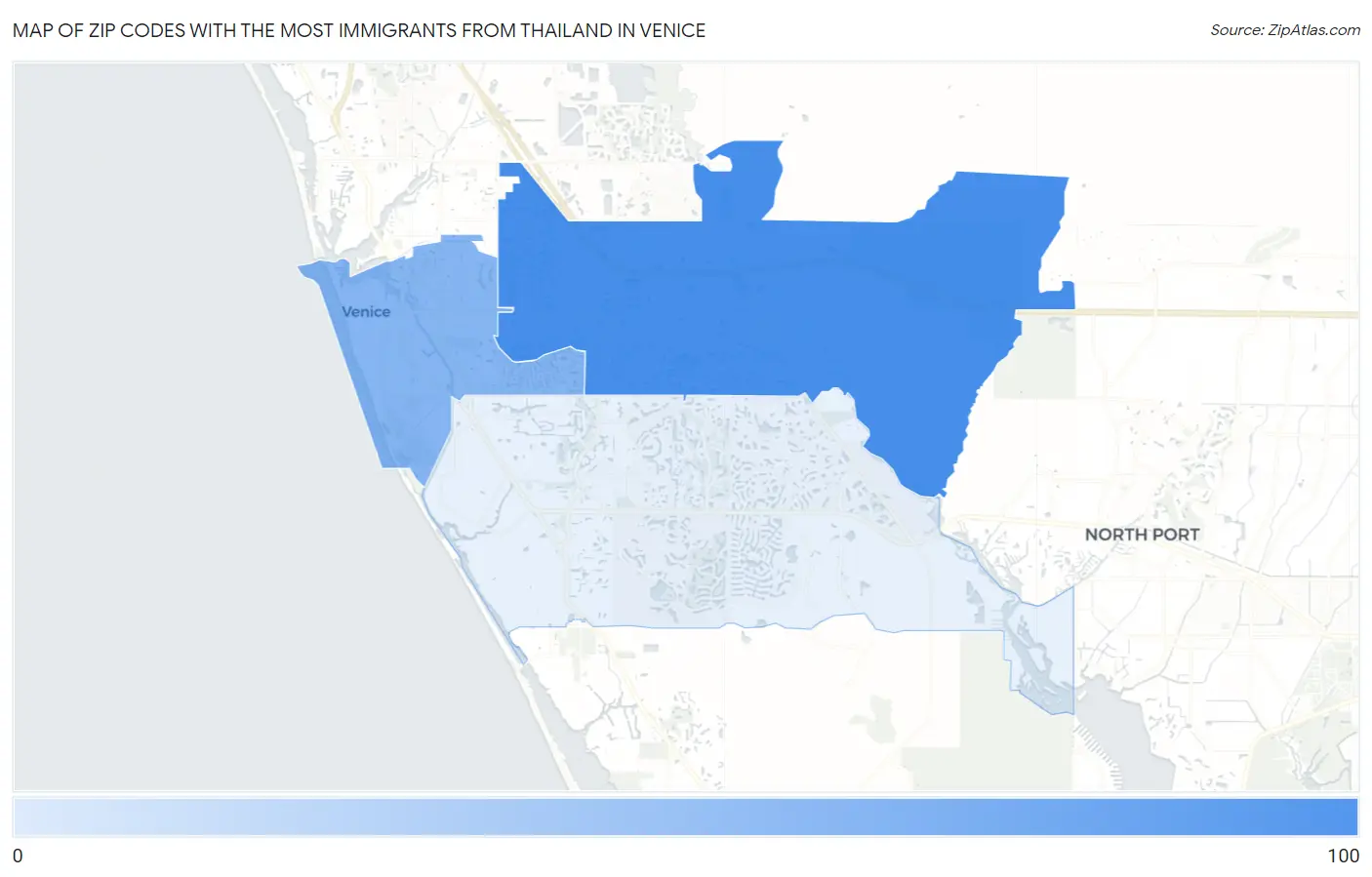 Zip Codes with the Most Immigrants from Thailand in Venice Map