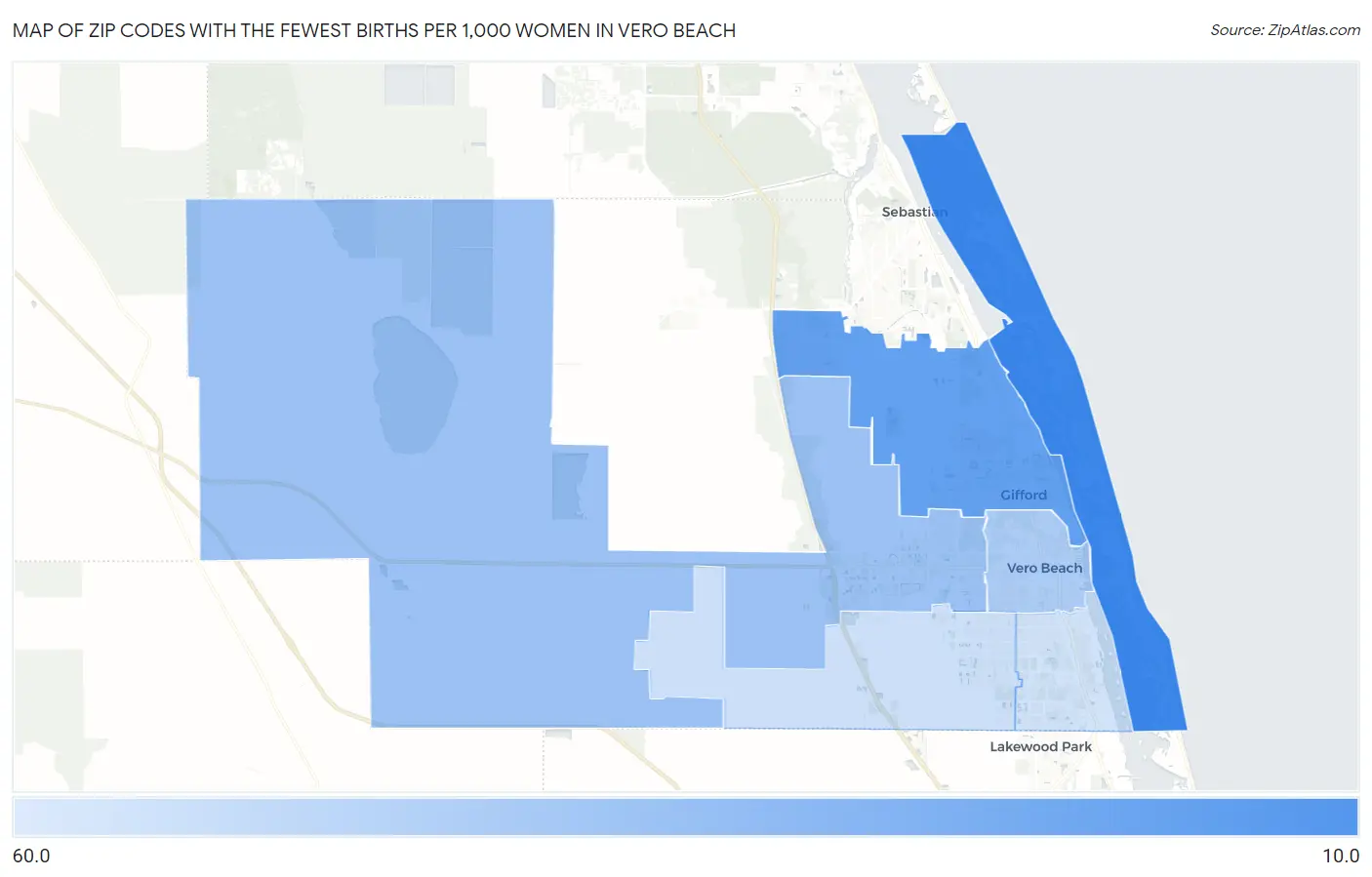 Zip Codes with the Fewest Births per 1,000 Women in Vero Beach Map
