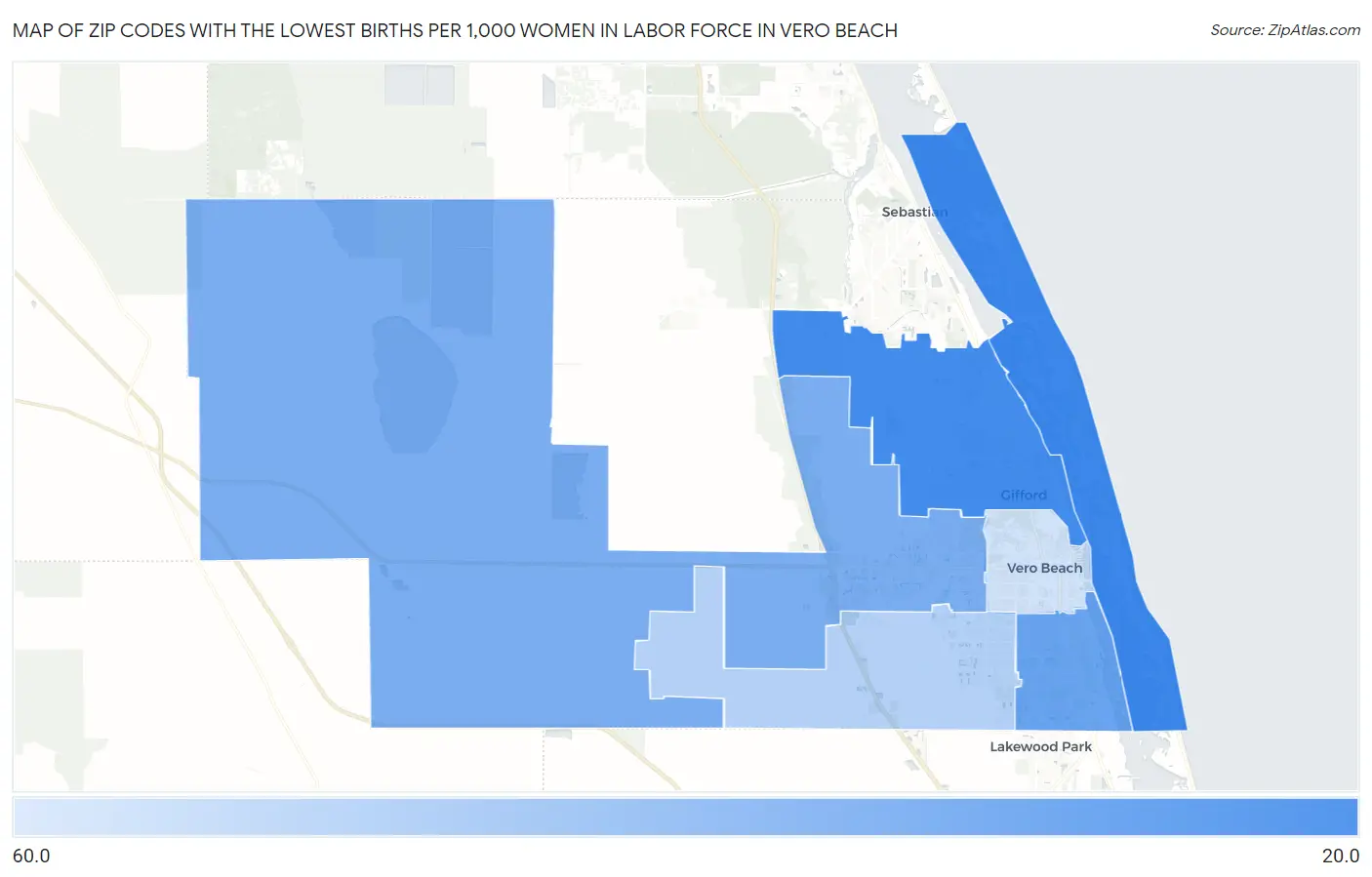 Zip Codes with the Lowest Births per 1,000 Women in Labor Force in Vero Beach Map