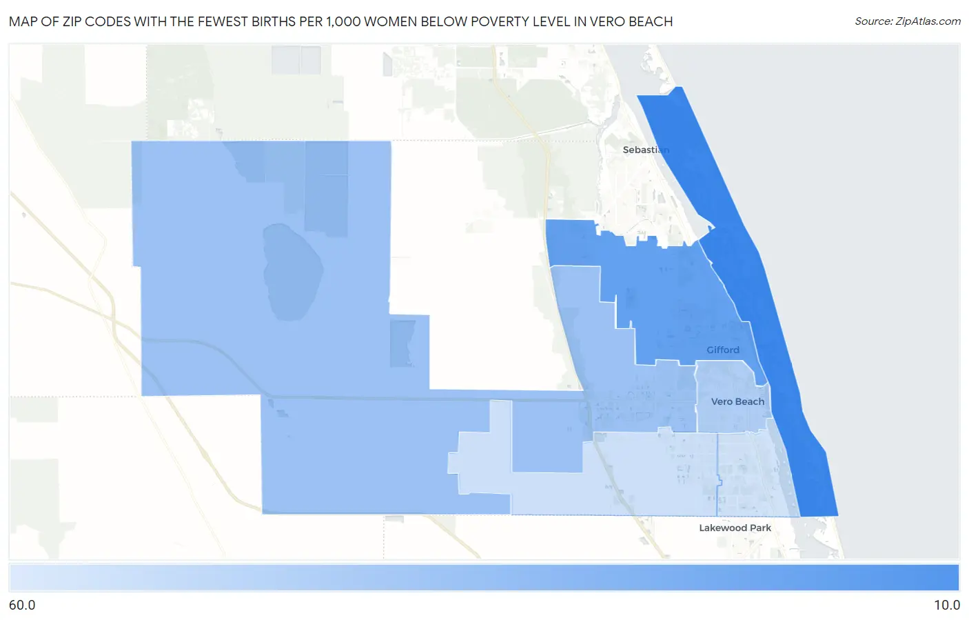 Zip Codes with the Fewest Births per 1,000 Women Below Poverty Level in Vero Beach Map