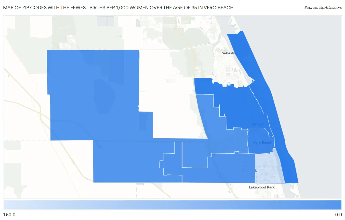 Zip Codes with the Fewest Births per 1,000 Women Over the Age of 35 in Vero Beach Map