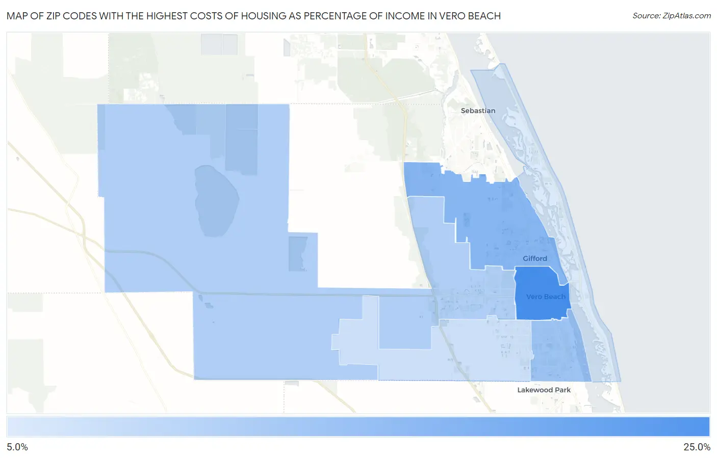 Zip Codes with the Highest Costs of Housing as Percentage of Income in Vero Beach Map