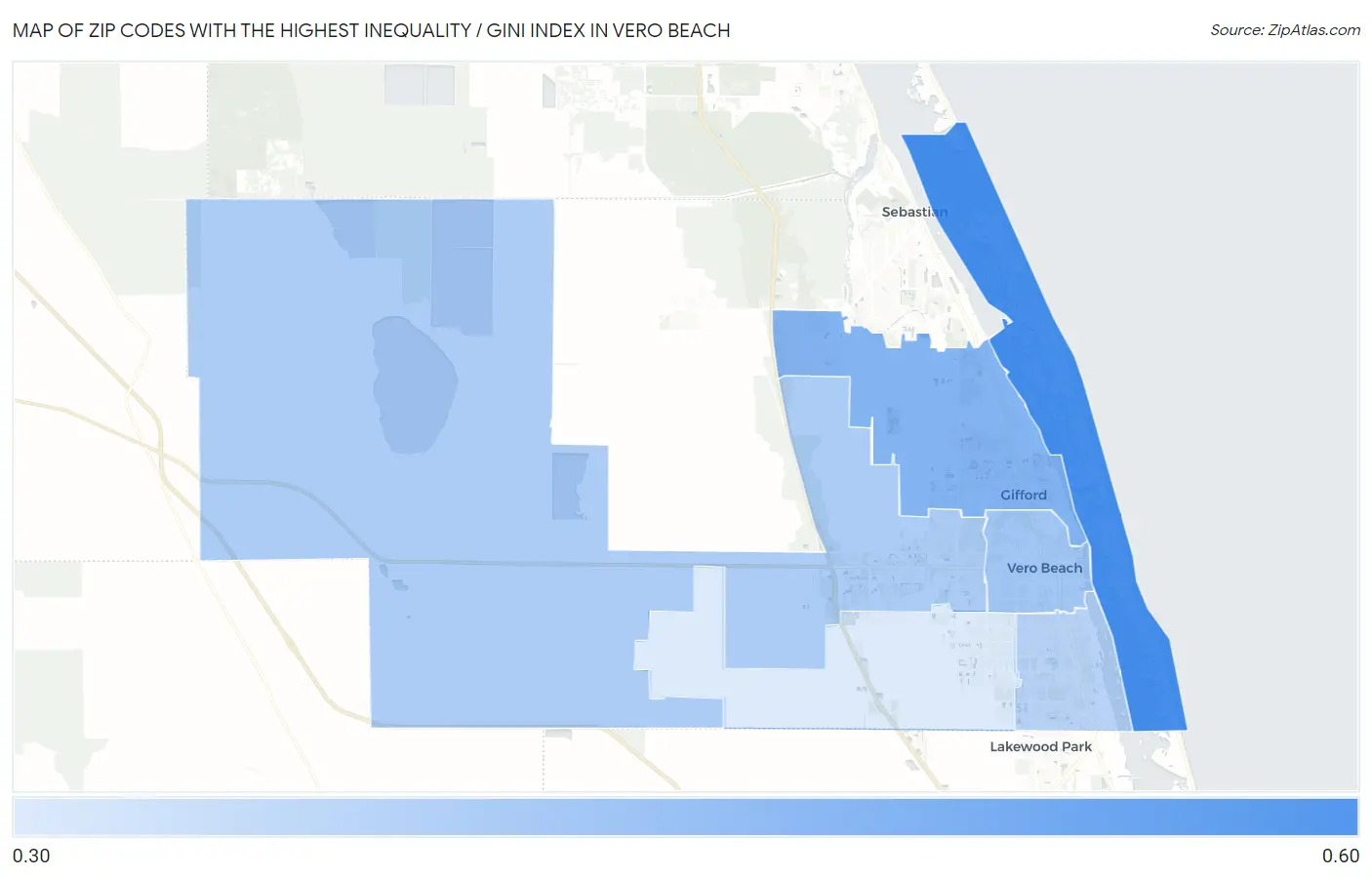 Zip Codes with the Highest Inequality / Gini Index in Vero Beach Map