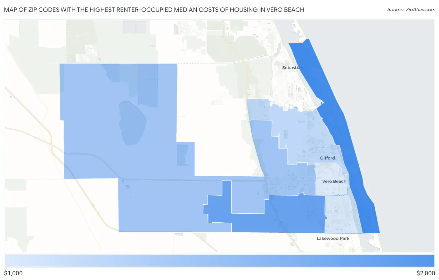 Zip Codes with the Highest Renter-Occupied Median Costs of Housing in Vero Beach Map