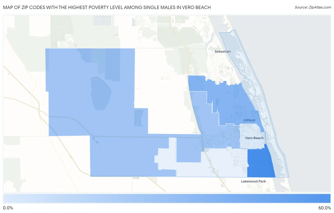 Zip Codes with the Highest Poverty Level Among Single Males in Vero Beach Map