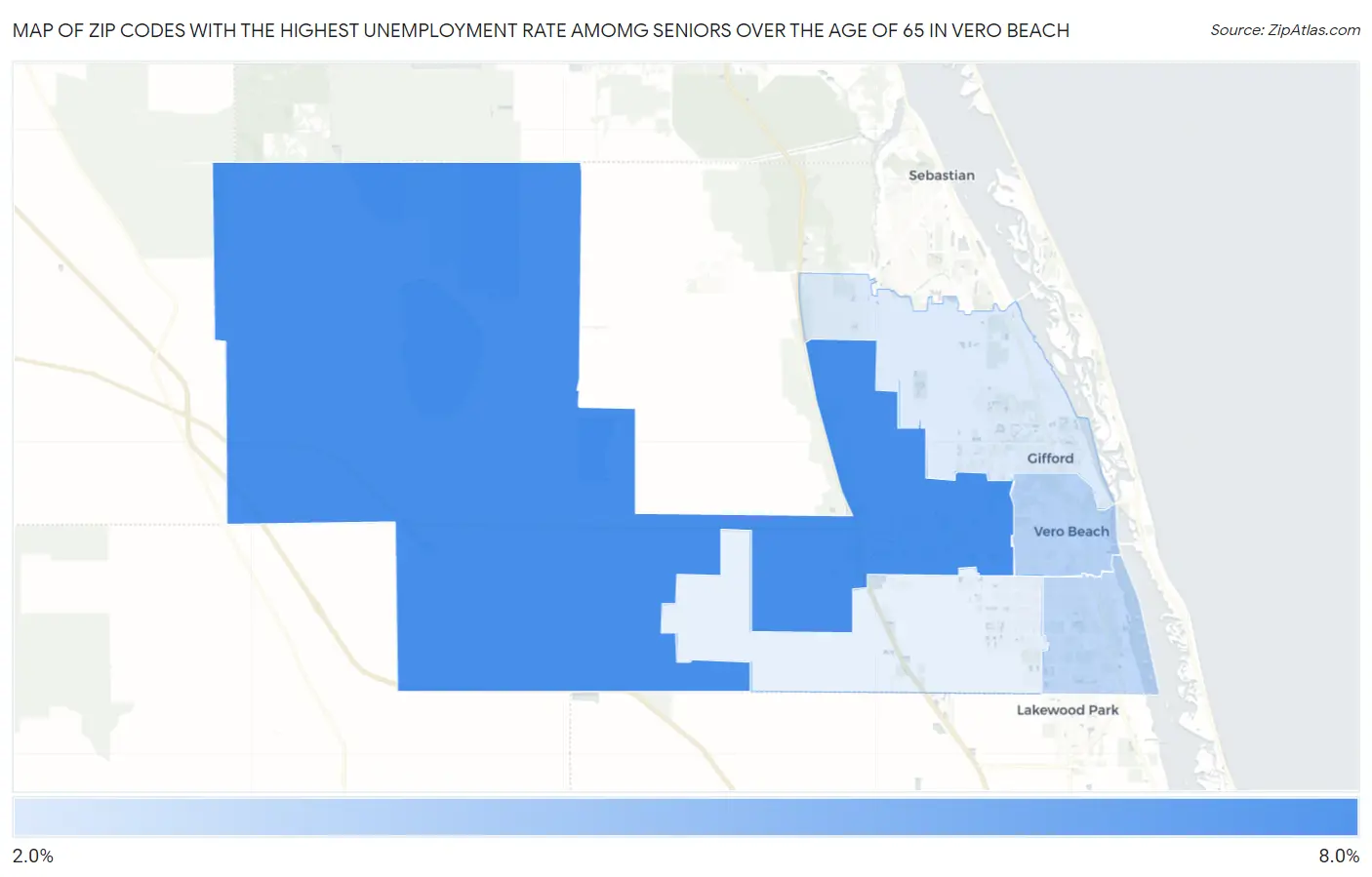Zip Codes with the Highest Unemployment Rate Amomg Seniors Over the Age of 65 in Vero Beach Map
