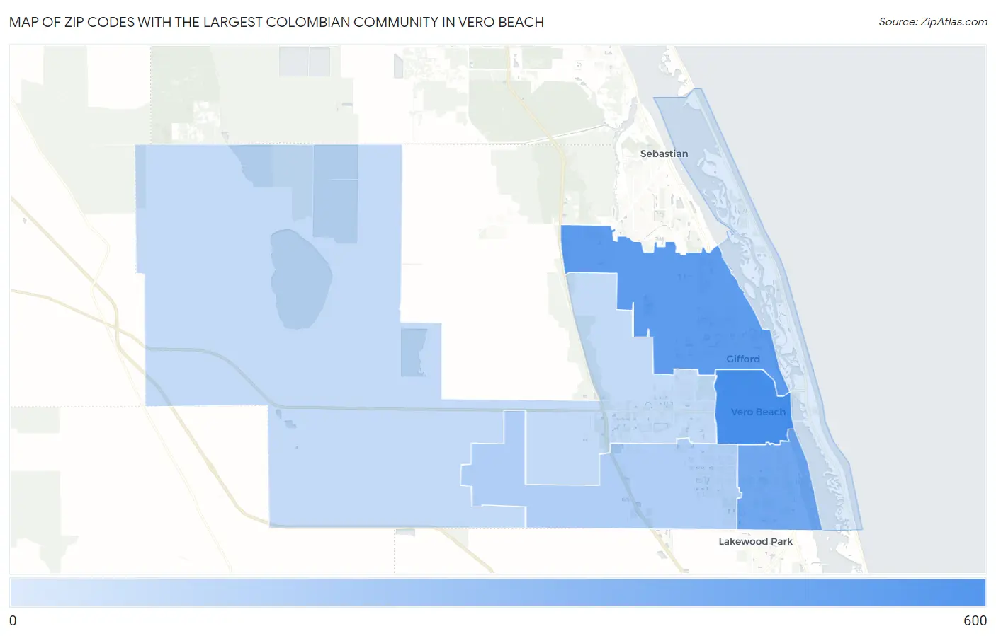 Zip Codes with the Largest Colombian Community in Vero Beach Map