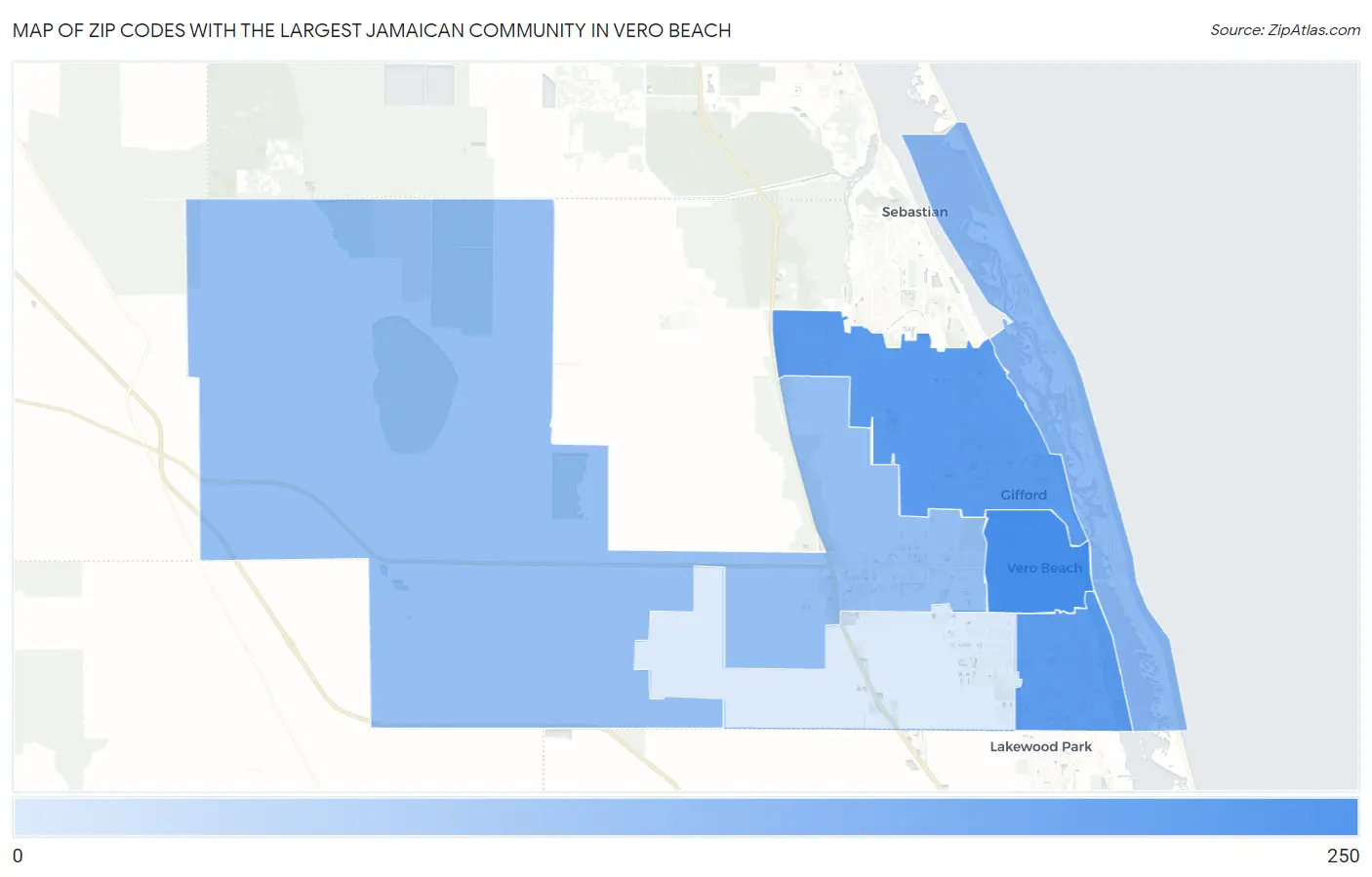 Zip Codes with the Largest Jamaican Community in Vero Beach Map