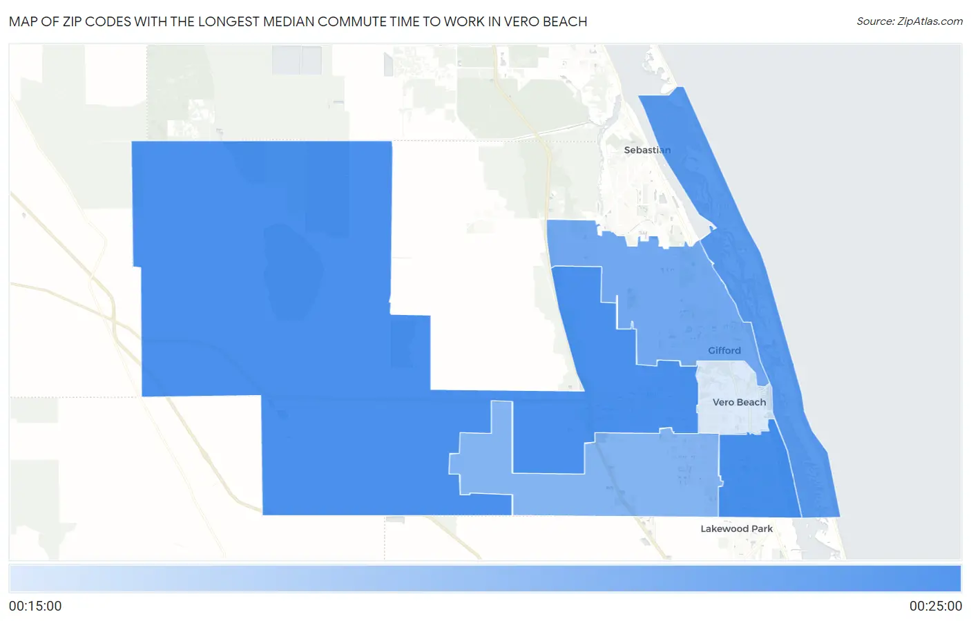 Zip Codes with the Longest Median Commute Time to Work in Vero Beach Map