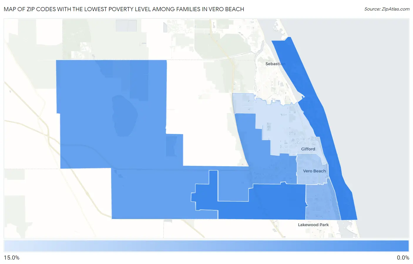 Zip Codes with the Lowest Poverty Level Among Families in Vero Beach Map