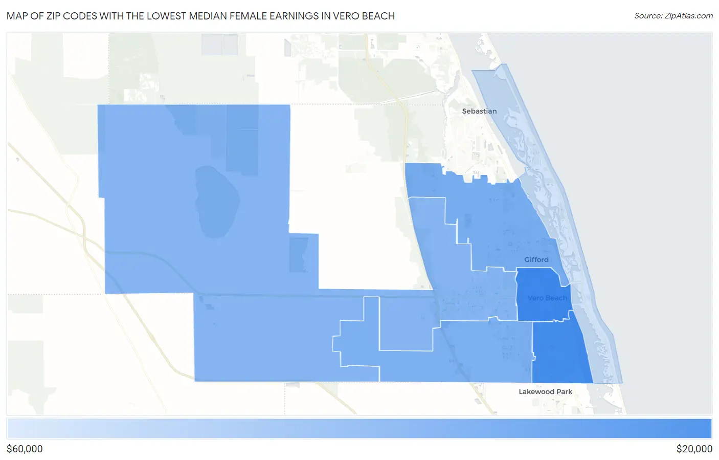 Zip Codes with the Lowest Median Female Earnings in Vero Beach Map