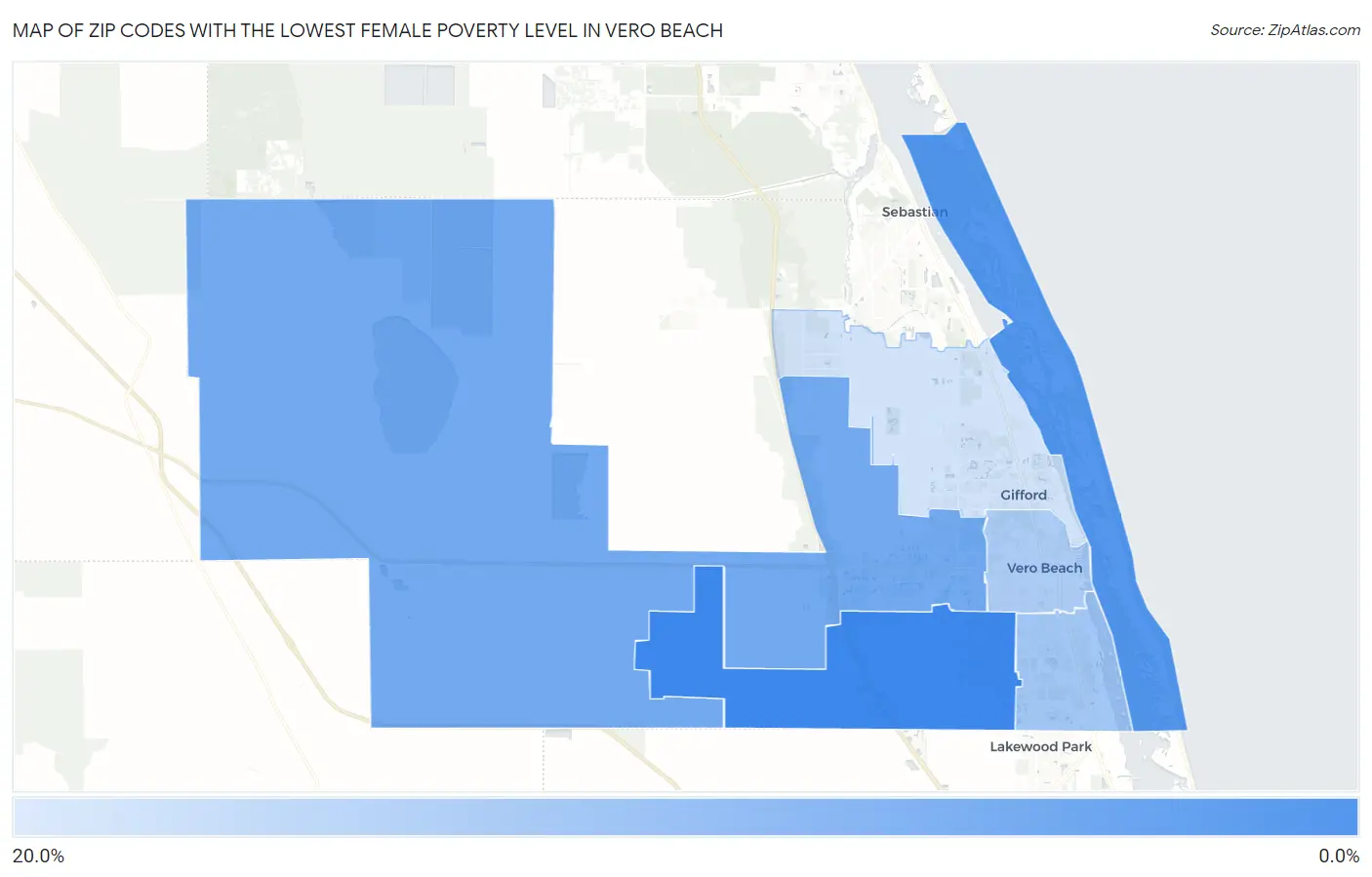 Zip Codes with the Lowest Female Poverty Level in Vero Beach Map