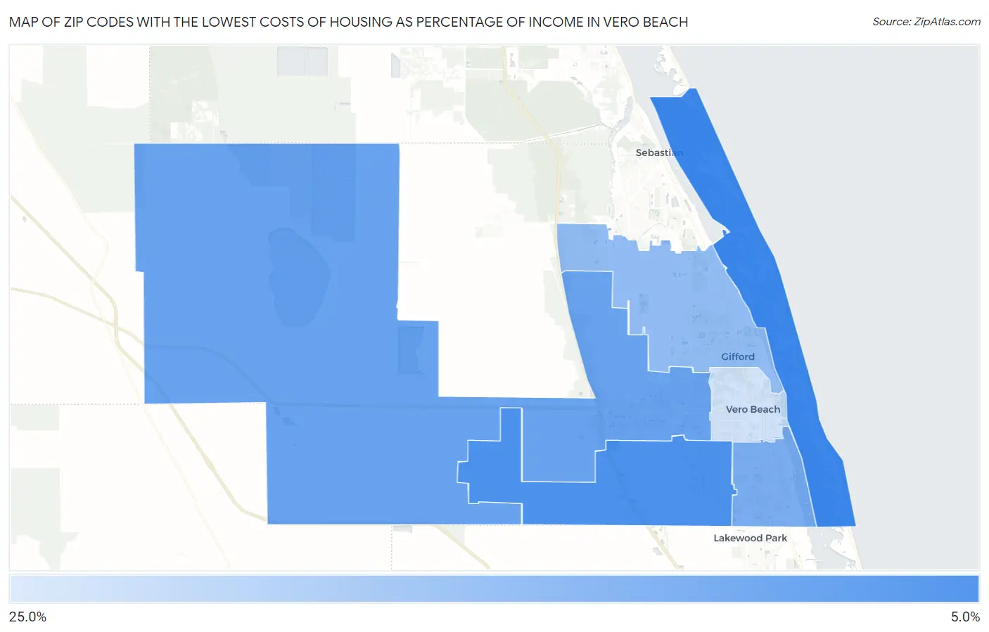 Zip Codes with the Lowest Costs of Housing as Percentage of Income in Vero Beach Map