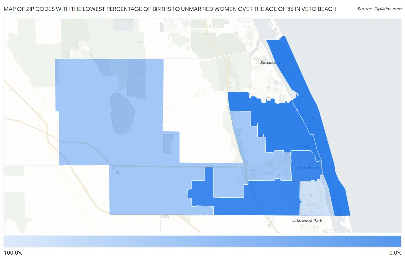 Zip Codes with the Lowest Percentage of Births to Unmarried Women over the Age of 35 in Vero Beach Map