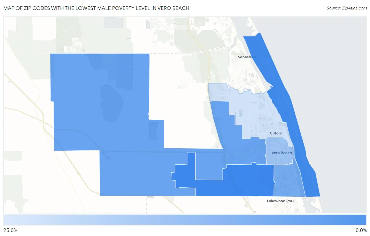 Zip Codes with the Lowest Male Poverty Level in Vero Beach Map