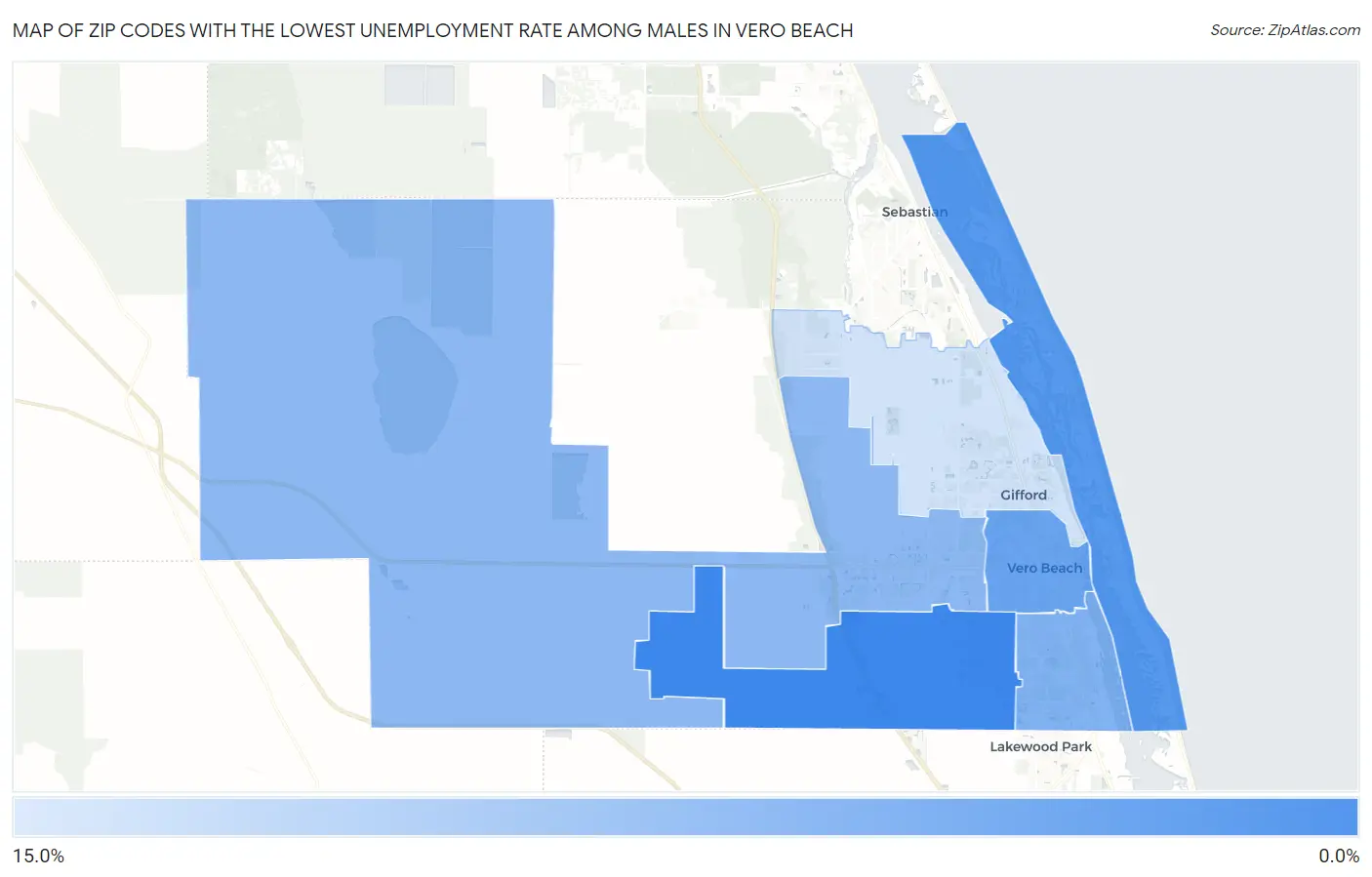 Zip Codes with the Lowest Unemployment Rate Among Males in Vero Beach Map
