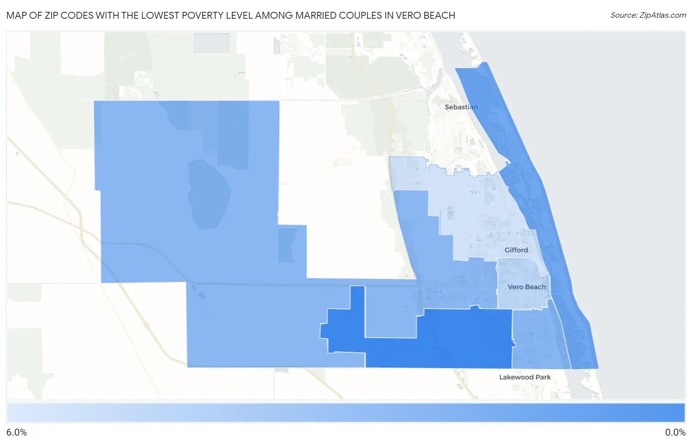 Zip Codes with the Lowest Poverty Level Among Married Couples in Vero Beach Map