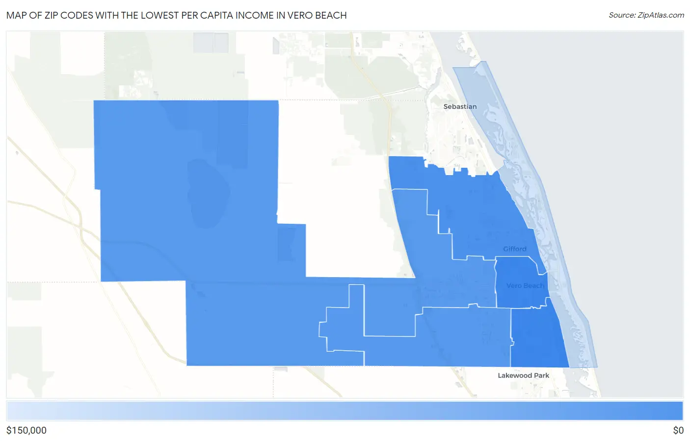 Zip Codes with the Lowest Per Capita Income in Vero Beach Map