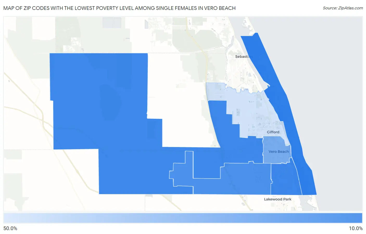 Zip Codes with the Lowest Poverty Level Among Single Females in Vero Beach Map