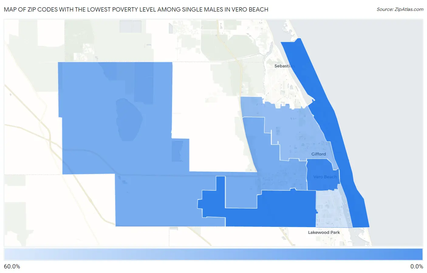 Zip Codes with the Lowest Poverty Level Among Single Males in Vero Beach Map