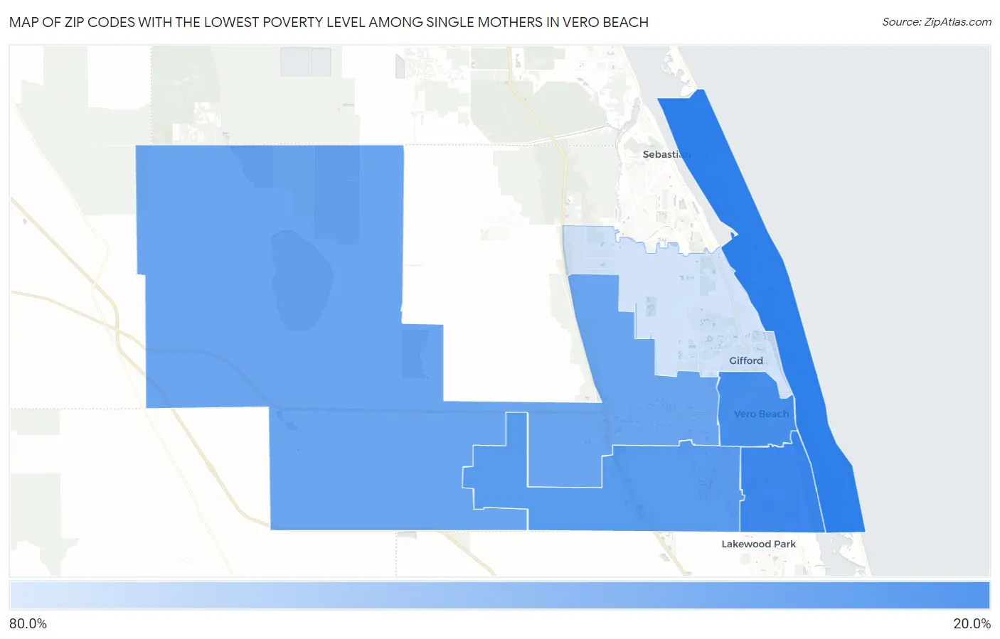 Zip Codes with the Lowest Poverty Level Among Single Mothers in Vero Beach Map
