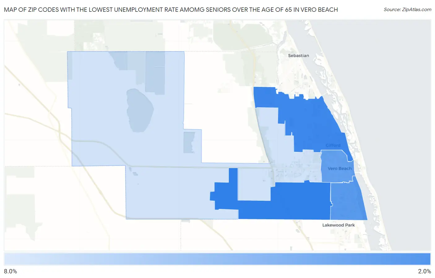 Zip Codes with the Lowest Unemployment Rate Amomg Seniors Over the Age of 65 in Vero Beach Map