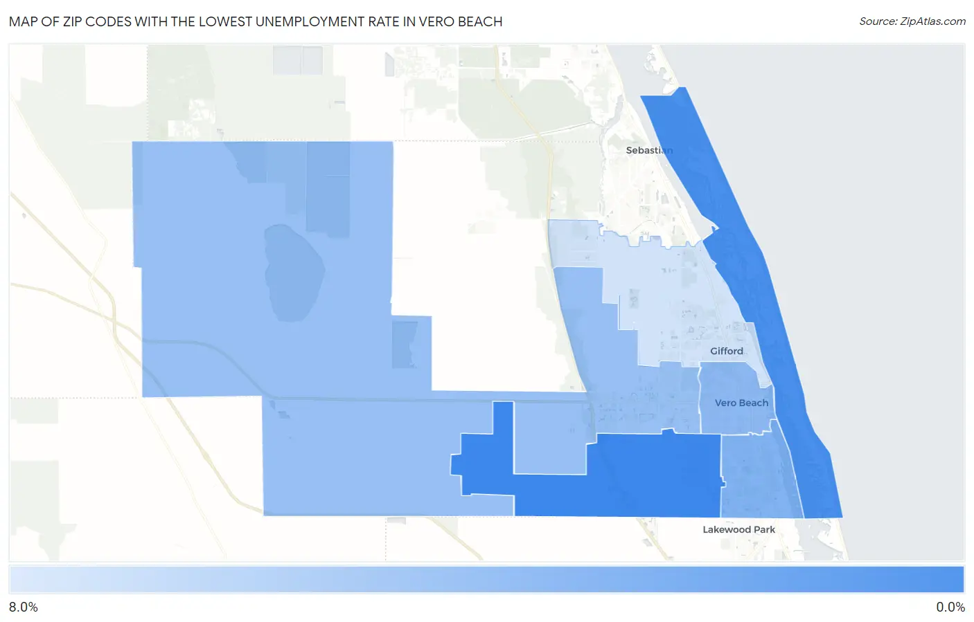 Zip Codes with the Lowest Unemployment Rate in Vero Beach Map