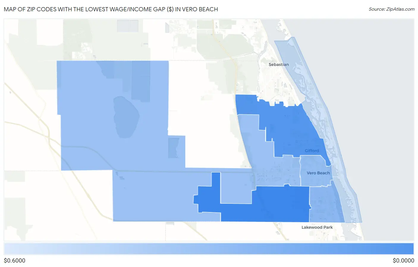 Zip Codes with the Lowest Wage/Income Gap ($) in Vero Beach Map