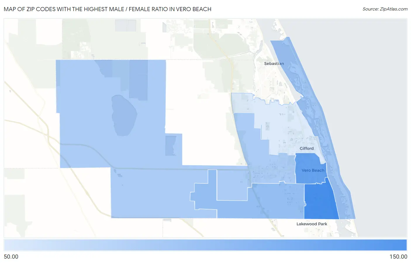 Zip Codes with the Highest Male / Female Ratio in Vero Beach Map