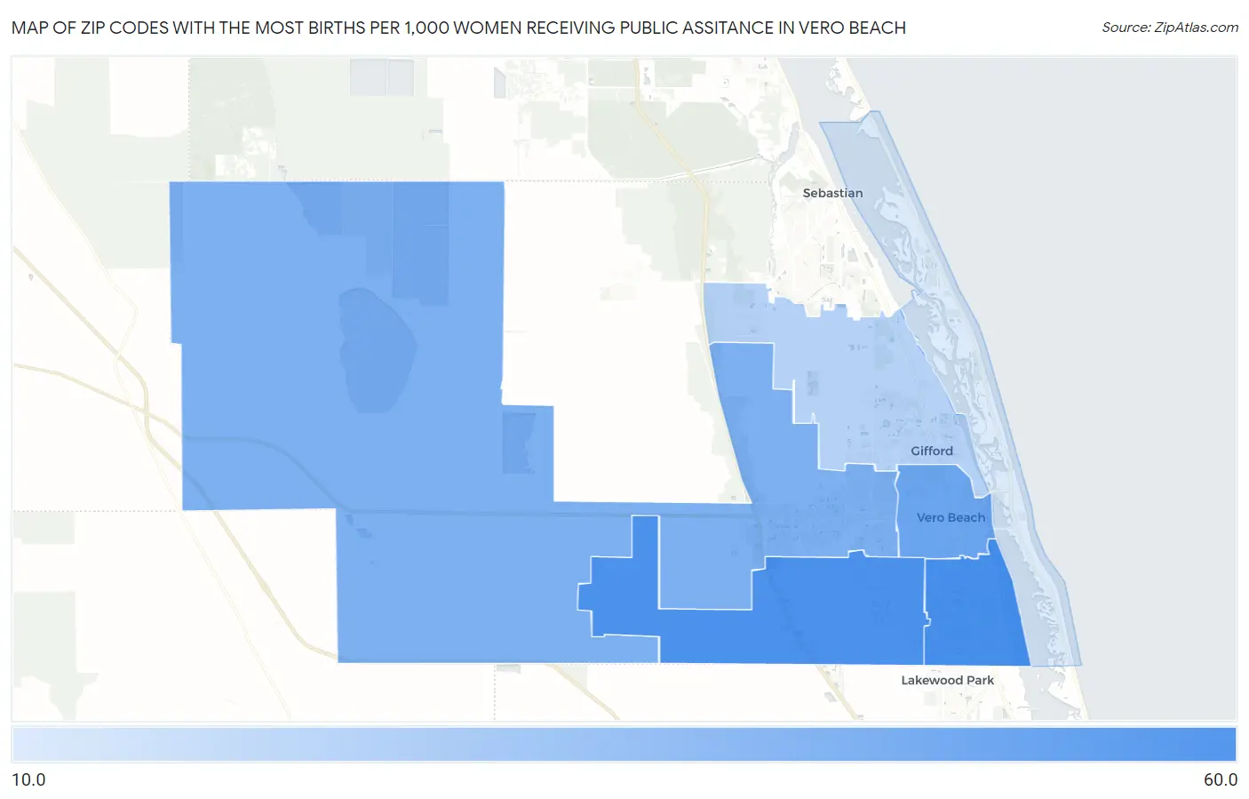 Zip Codes with the Most Births per 1,000 Women Receiving Public Assitance in Vero Beach Map